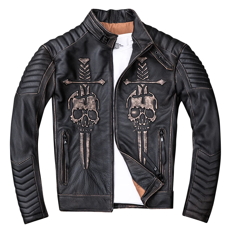 

HARLEY DAMSON Vintage Black Men Skulls Biker's Leather Jacket Stand Collar Genuine Cowhide Slim Fit Motorcycle Leather Coat