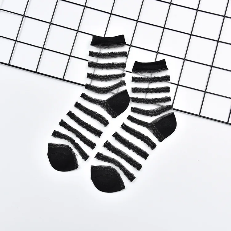 LIONZONE, новинка, женские корейские модные кружевные шелковые носки с рюшами, прозрачные черные сексуальные тонкие прозрачные носки - Цвет: nw004-8