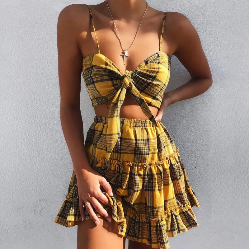 

2in1 Lolita Style Short Dress Women 2019 Front Belt Short Plaid Pleated Skirt+French Tank Top Beach Crop Vest Set Summer