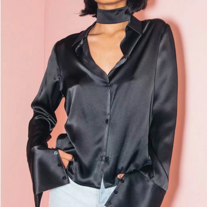 

Summer elegant Women shirt 2019 Fashion Retro V-neck Satin silky texture long-sleeved POLO blouse shirt womens tops and blouses