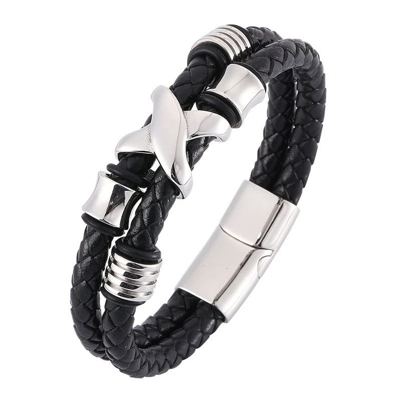 

New Bracelets Genuine Leather Bracelet Men Homme Double Layer Silver Magnet Buckle Fashion Male Jewelry Gifts BB0337