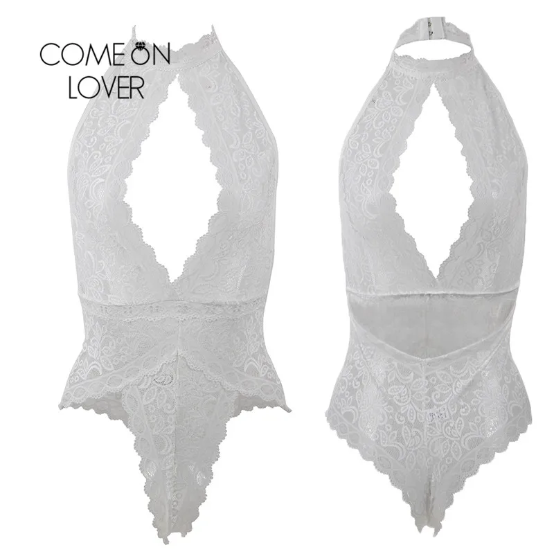 Comeonlover Lace Bodysuit Lingerie Backless Lace Open Cup Lingerie Bodystocking Halter Body Encaje Mujer Sexy Pakjes RI80737