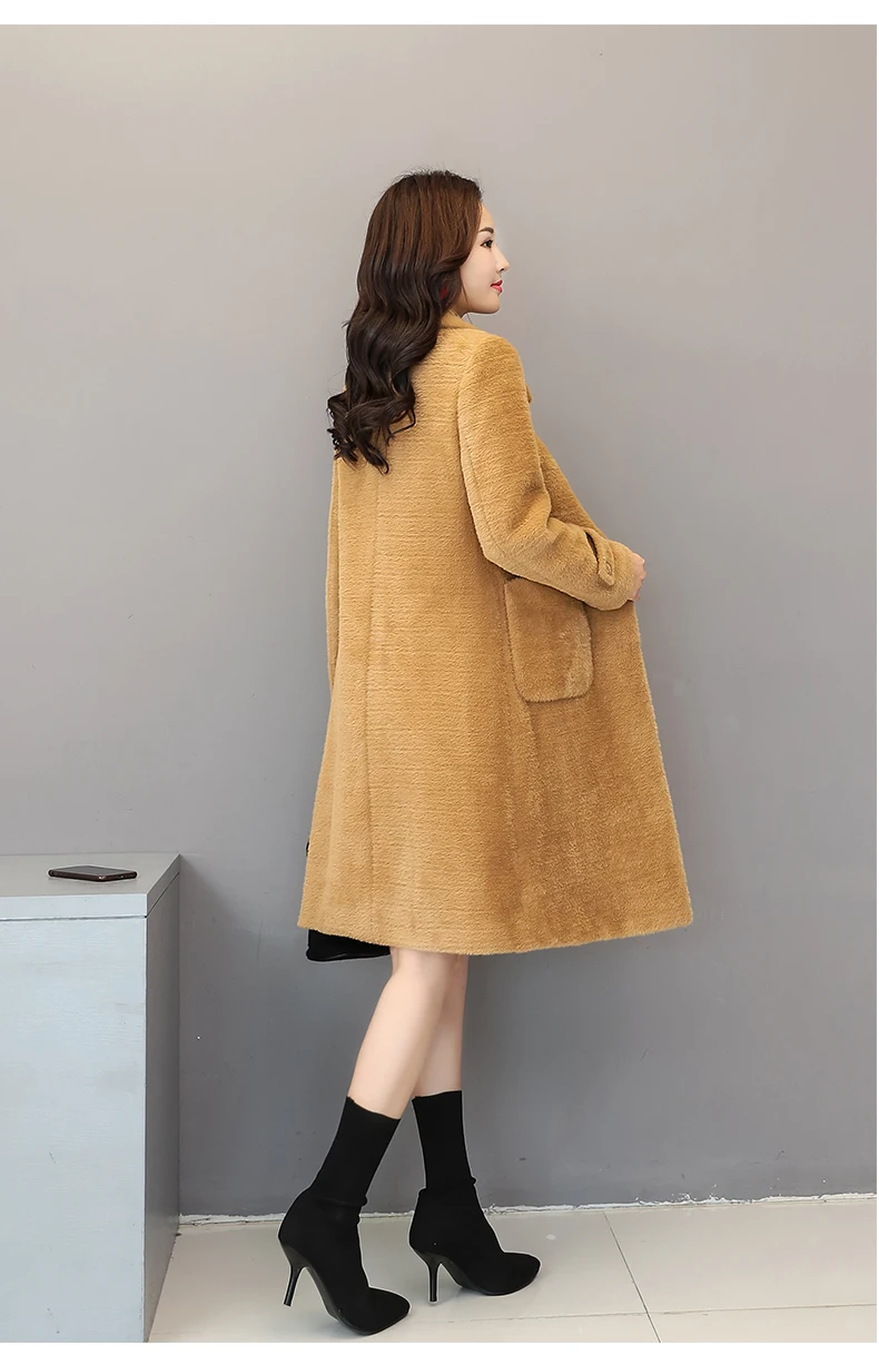 HANZANGL зимнее женское Шерстяное Пальто Золотое бархатное шерстяное пальто кашемир под норку пальто Офисная Женская парка длинная верхняя одежда