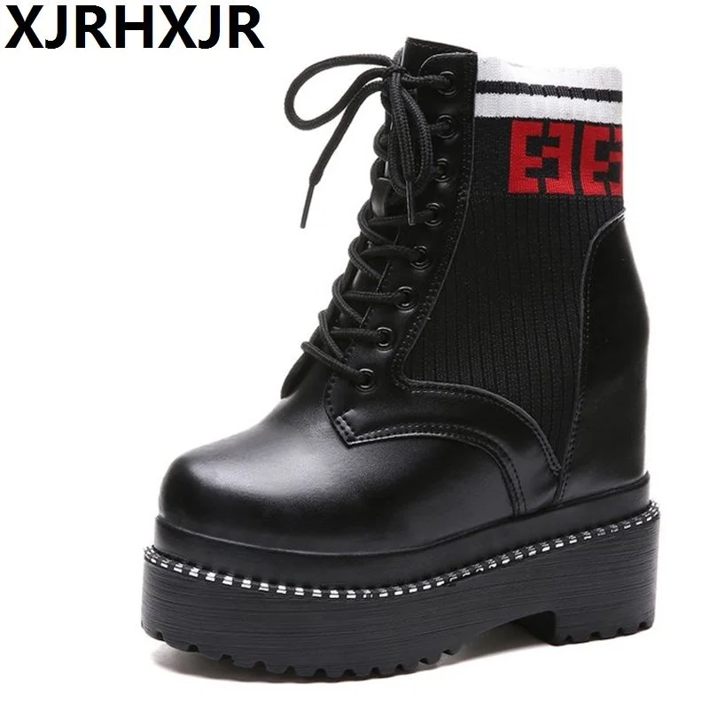 Koop 2018 Nieuwe Herfst Vrouwen Enkellaarsjes Hoogte Verhoogd 10 cm Winter Laarzen Wiggen Platform Schoenen Sneakers Vrouw Lederen Schoenen Zwart