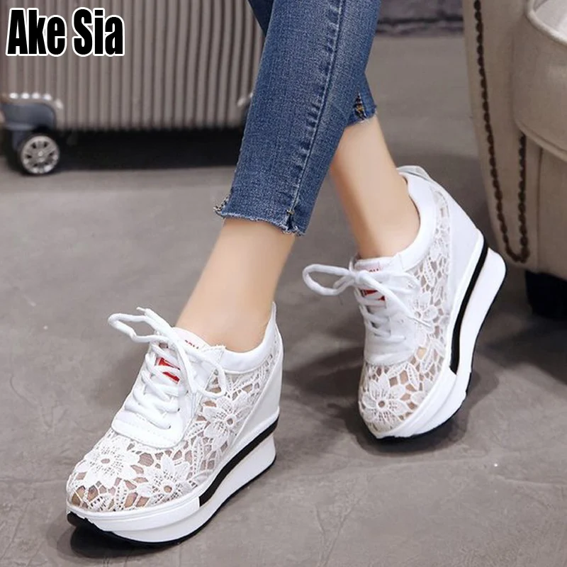 

Ake Sia Female Women Casual Lace Mesh Air Woman Lady Shoelace Chaussure Thicken Soled Heighten Waddle Flat Platforms Shoes A186
