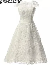 Gardlilac vintange Lace Applique Short Wedding Dress white Ivory Short Bridal Gown with sashes