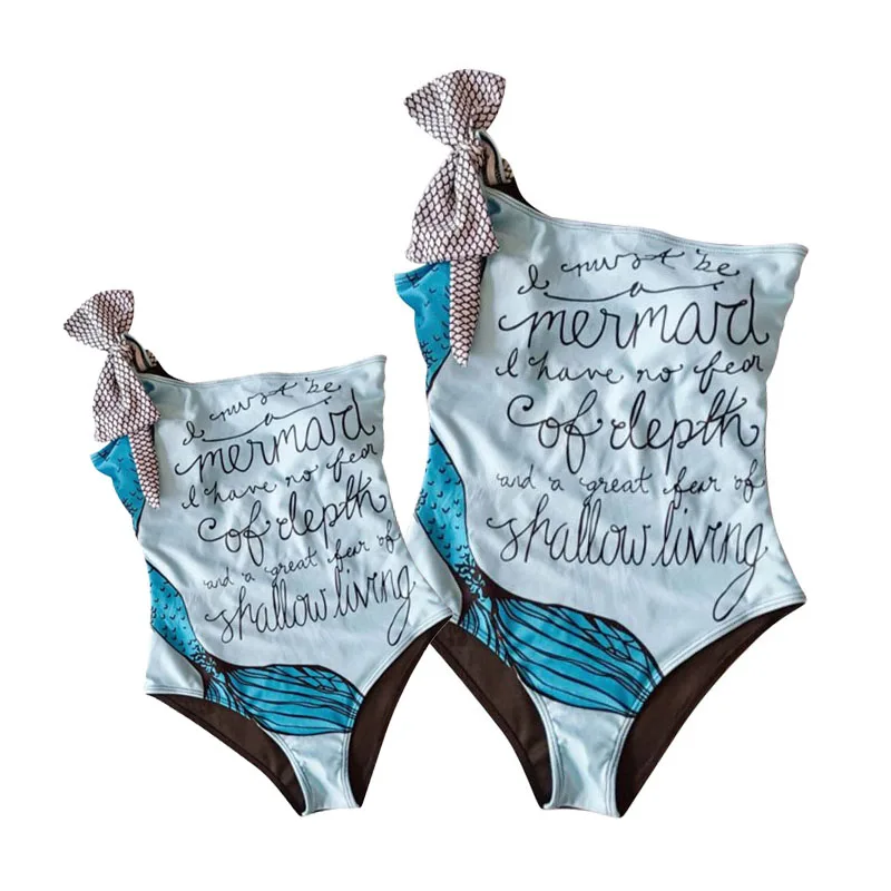 

Mommy And Me Beach One-Piece Family Matching Swimwear 2019 One Shoulder Bowknot Women Girl Beachwear Mother Daughter Swimsuit