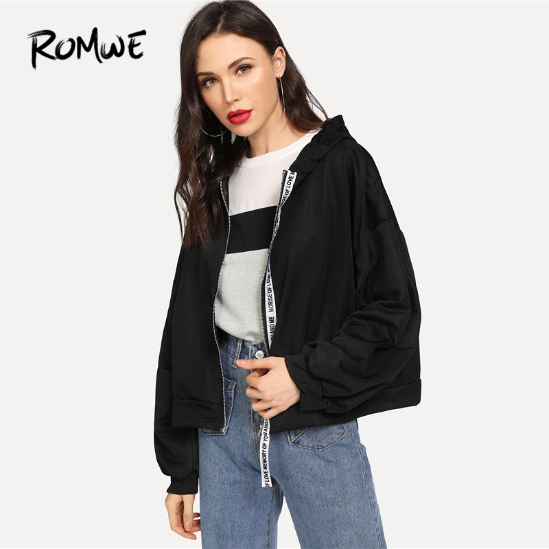 New  ROMWE Black Ribbon Letter Tape Strap Hooded Jacket Womens Jackets And Coats Casual Autumn 2018 Clot