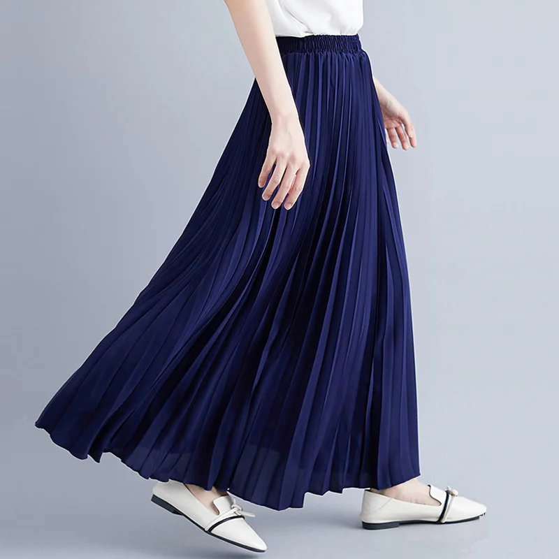 

Pleated Skirt Women Vintage Summer Autumn Elastic High Waist Pure Color Chiffon Long Skirt Retro Classic Ankle Length Maxi Skirt