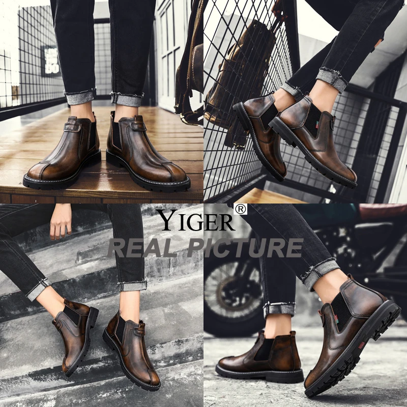 YIGER New Men Chelsea boots Genuine leather men Basic boots man ankle winter warm with fur male slip-on Brush shoes