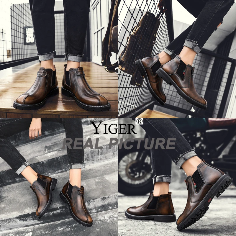 YIGER New Men Chelsea boots Genuine leather men Martin boots man ankle boots winter warm with fur male slip-on Brush  shoes 0239