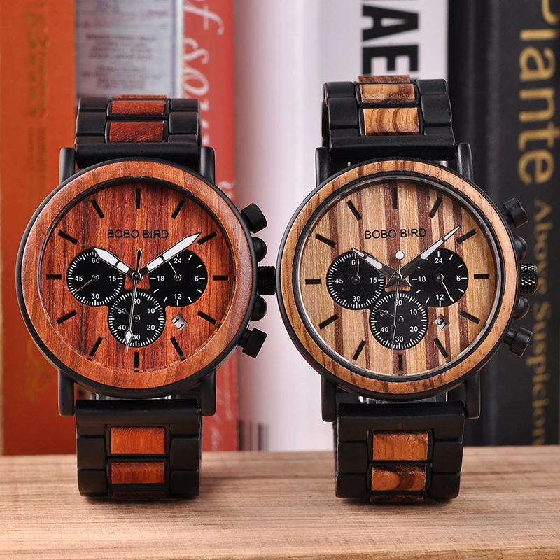 BOBO BIRD Wood Watches Men Stopwatch relojes hombre Show Date Wooden Wristwatch Male Timepieces In Gift Box