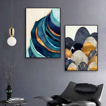 

Abstract Blue with Gold and Abstract Hills art Canvas Poster Natural poster Wall Pictures for Living Room No Frame