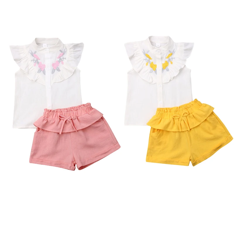 Летняя одежда для малышей; одежда для маленьких девочек; топы с вышитыми цветами; рубашка; розовые шорты; леггинсы; комплекты одежды из 2 предметов