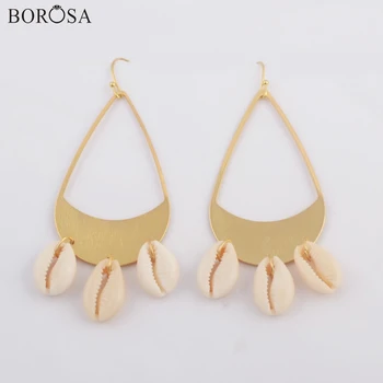 

BOROSA Wholesale Gold Electroplated Teardrop Three Natural Cowrie Shell Dangle Earrings Handmade Natural Shell Jewelry G1785