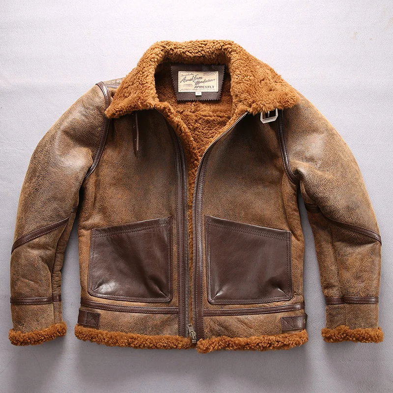 

Factory 2018 New Men Shearling Flight Jacket Fashion Leather Pocket Wool Liner Sheepskin Jacket Cold Winter Pilot Russia Coats