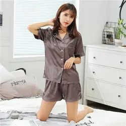 2019 Летний стиль Для женщин Китайский атласная Шелковая пижама комплекты футболка и шорты женские Непревзойденная пижама ночная рубашка