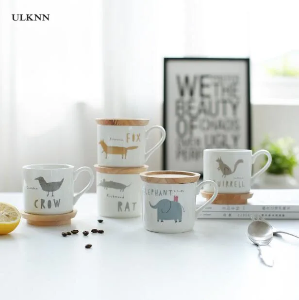 

Cartoon cute animal ceramic with wooden cap mug children water tea milk coffee cup breakfast N244