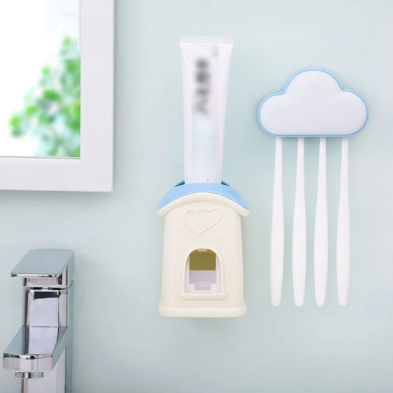 

House Cloud Pattern Toothpaste Dispenser Toothbrush Holder Bathroom Accessories Set Lovely Toothpaste Squeezer For Child