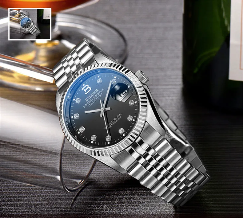 cristal auto-vento mecânico pulseira de aço completo