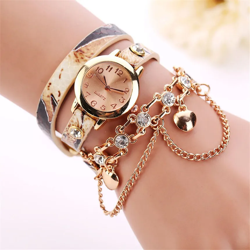 Спортивные женские часы-браслет кожа заклепка из горного хрусталя цепи наручные часы из кварцевого браслета часы D30 - Цвет: Слоновая кость
