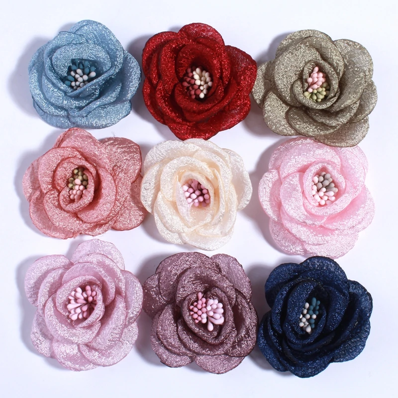 

200PCS 5CM Newborn Artificial Bling Burned Peony Flower For Headband Fabric Flowers For Hair Clips Accessories