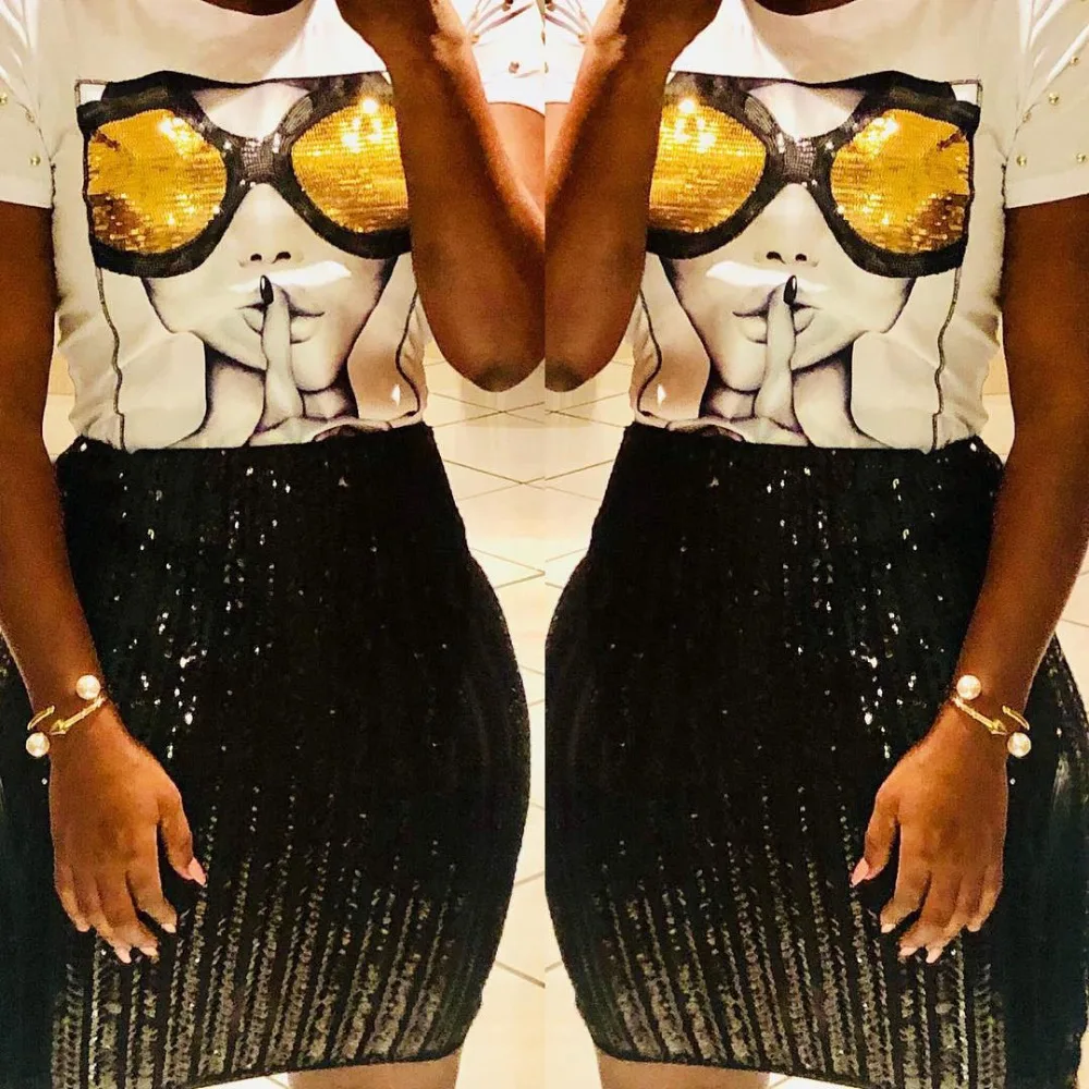 

2019 Women Tee Shirt Femme Vogue T-Shirts Tops Short Sleeve Sequined Tshirt Print Pearl Fashion Sexy Sweater Women Vestidos Tees