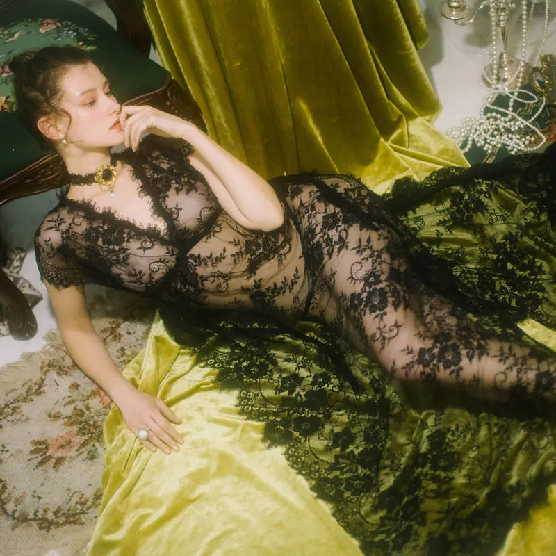 

Nightgown Summer Night Dress Women Classical Black Lace Sexy Chemise Homewear Sleepwear Maxi Nightdress Hollow Lingerie Babydoll