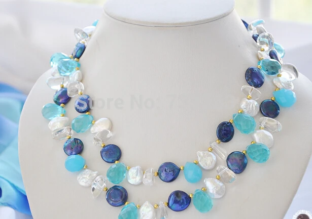 

NEW 001317 35" white blue coin pearl Citrine crystal drip Faceted NECKLACE
