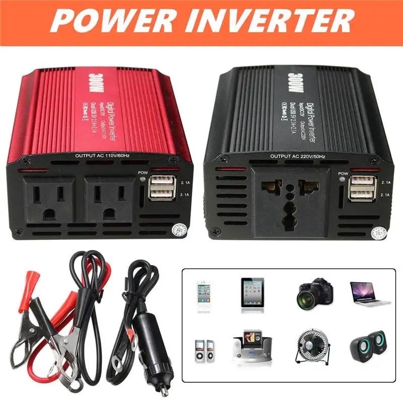

300W Power Inverter 12 V to AC 110/220 Volt 2 USB Max 600 Watt Modified Sine Wave LCD Digital Car Charge Converter Transformer