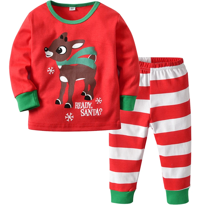 Christmas Sleepwear Home Wear Clothes Baby Home Service Boy Girl Red Print Christmas Deer Top+ Striped Pants Set Kids Clothes