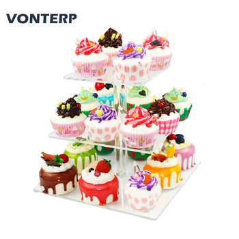 

GEJIGEMI 3 Tier Square Acrylic Cupcake Stand Clear Acrylic Cupcake Stand Party Display Stand 3 Tier Square(4" Between 2 Layer)