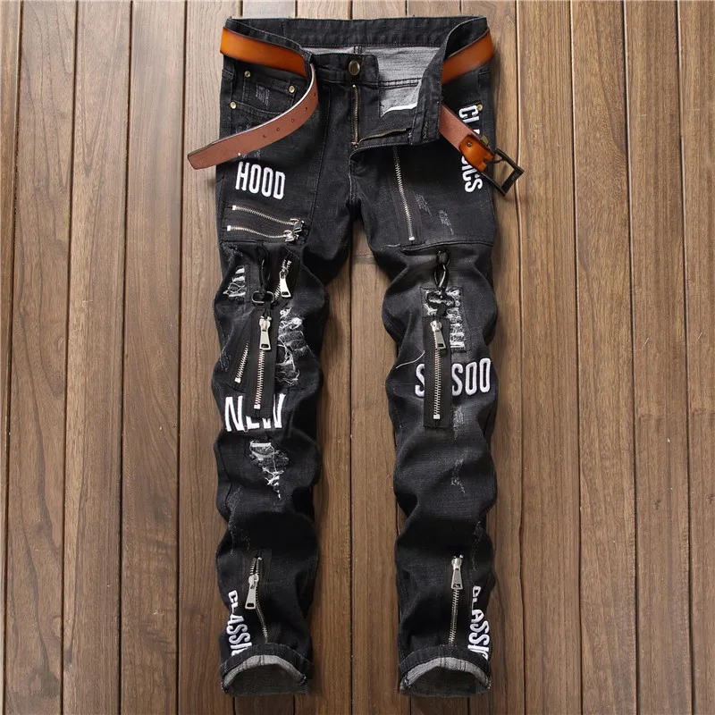 

2018 European American Style New Designer Hip Hop Letter Ripped Jeans Men Fit Plus Size Denim Good Quality Fashion Design Black