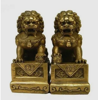 

YM 312 Chinese Old China Chinese Brass Folk Fengshui Foo Fu Dog Guardion Door Lion Statue Pair Figure decoration bronze factor