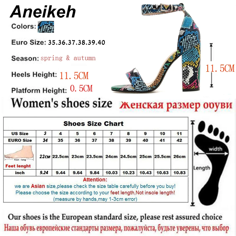 Aneikeh/ г.; модные летние женские босоножки из искусственной кожи; женские босоножки на высоком квадратном каблуке с открытым круглым носком, ремешком и пряжкой под змеиную кожу; цветные; размер 40