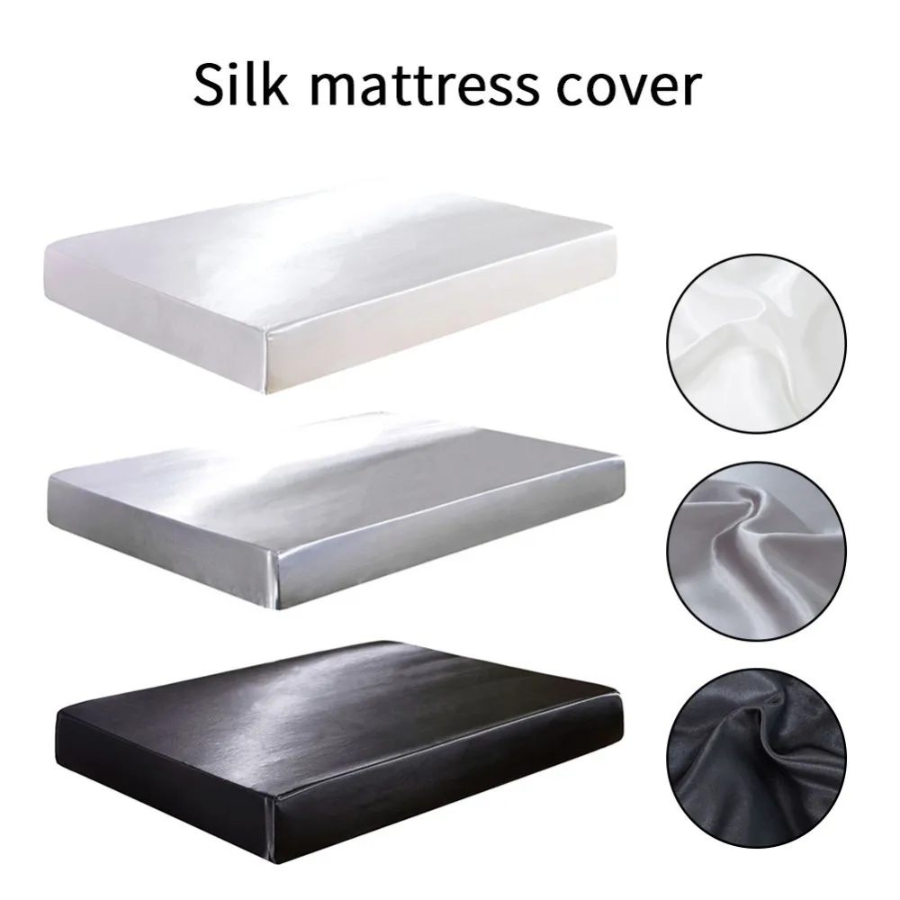 

3 Color Fitted Sheet Satin Silk Bed Mattress Cover Set King Size Smooth Soft Cool Bed Sheet Elastic Rope For Summer Bedclothes