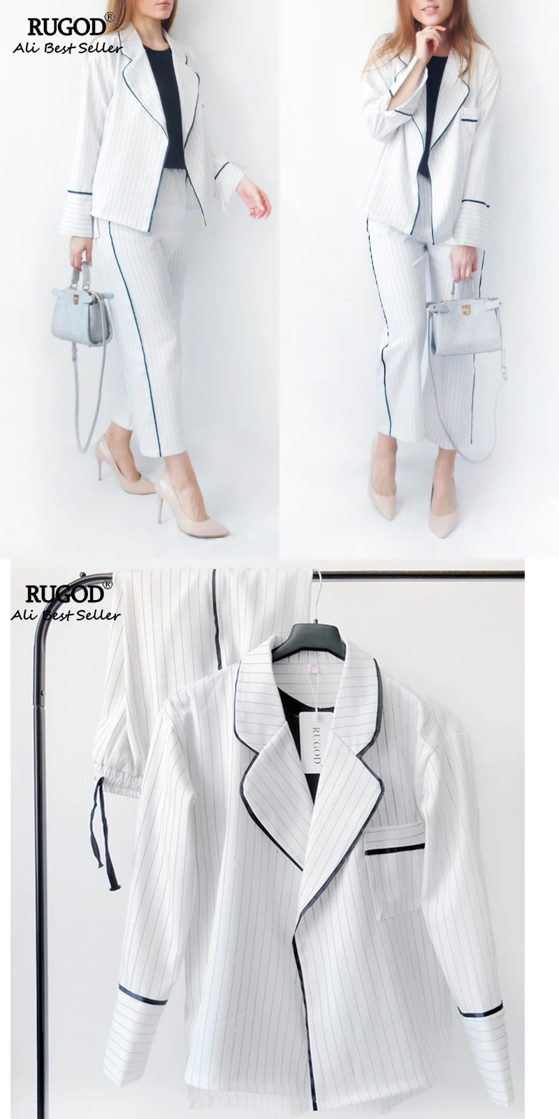 RUGOD женский весенне-осенний Повседневный приталенный Блейзер 2 предмета в комплекте, полосатый пиджак и брюки, блейзеры для женщин размера плюс, брючные костюмы