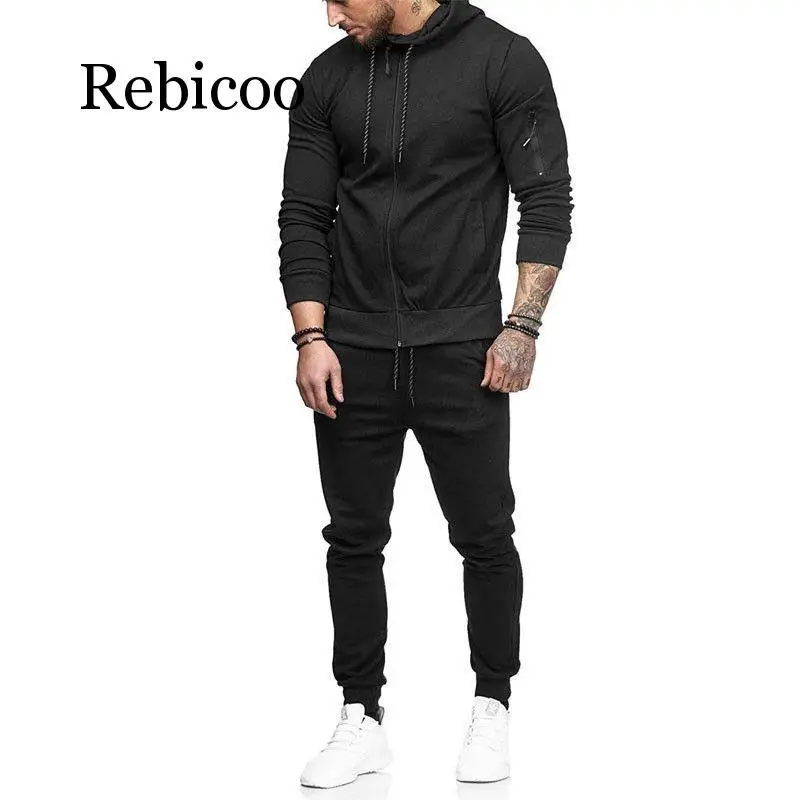 

Rebicoo 2019 New Style Fashion Hot Men's Top Solid Zipper With Pocket Suit Hoodie Coat With Hat Trousers Pant Set