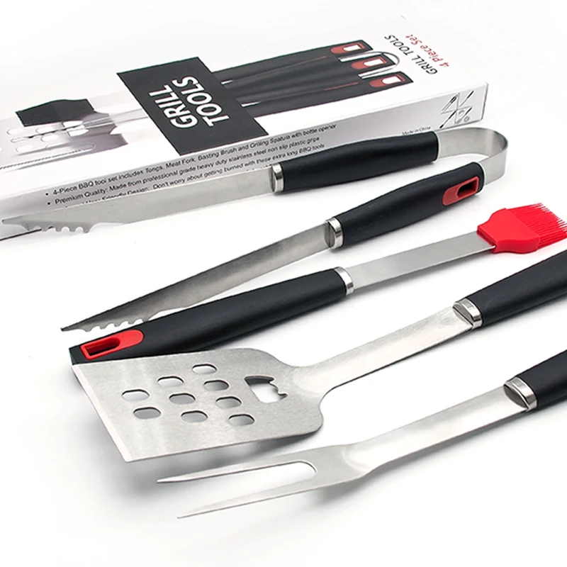 4pcs/set Barbecue Set Grilling Tools Stainless-Steel BBQ Tools for Spatula, Tongs, Fork, and Basting Brush Cooking Kit
