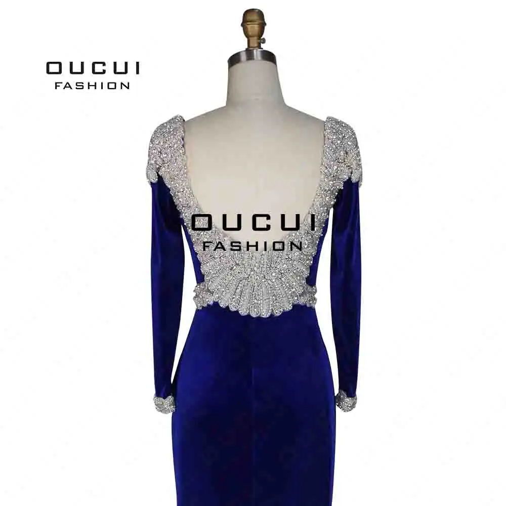 Королевское синее велюровое вечернее платье с длинным рукавом, женское платье с бисером и бриллиантами, сексуальные элегантные блестящие вечерние платья OL103073