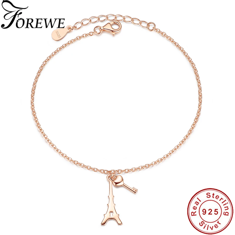 

FOREWE 925 Sterling Silver Bracelet for Women with Rose Gold Eiffel Tower & Locket Key Heart Charm Bracelets Girls Party Jewelry