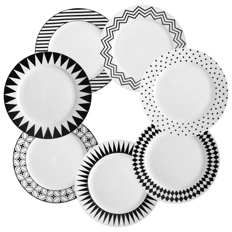 

Geometry Figure Flat Plate Simple Style Salad Dish Ceramic Food Tray Creative Pasta Plate Dinnerware Breakfast Dish Black White