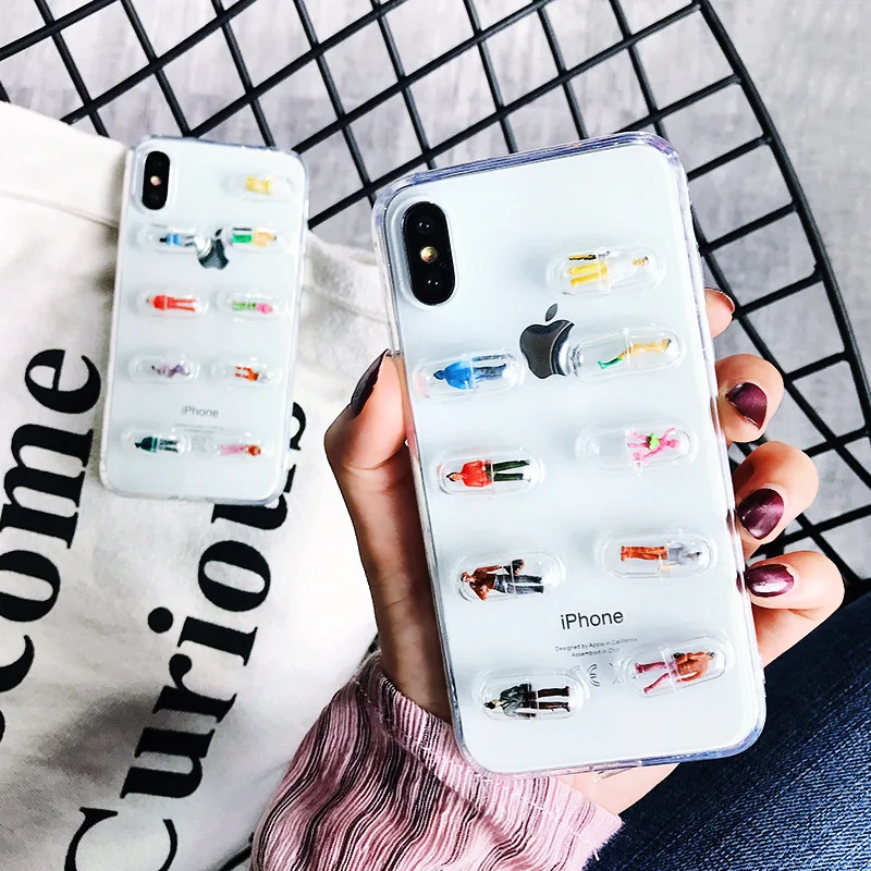 

ALLCHW 3D Cute Capsule Pills Person Phone Case For iPhone X 6 6S 7 8 Plus Funny Cartoon Clear TPU Fashion Back Cover Cases Coque