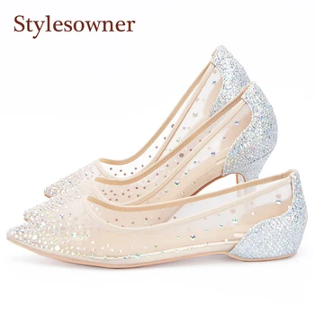 

Stylesowner Hottest Lady Sexy Wedding Shoe Transparent Mesh Diamond Bling Shoes Pointed Toe Sequins Party High Heel Sapatos 41
