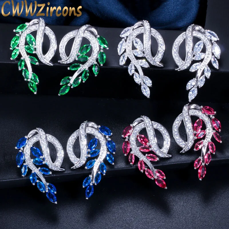 CWWZircons Брендовые женские модные ювелирные Элегантные серьги-гвоздики в форме листа с кубическим инкрустация цирконием с синим и зеленым кристаллом CZ379