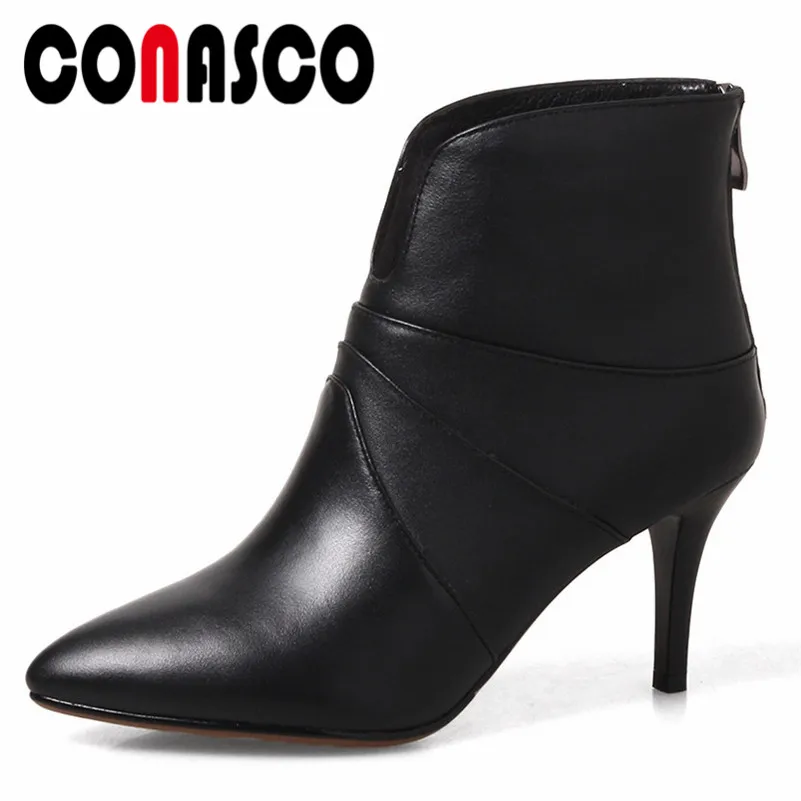 

CONASCO Women Pumps Genuine Leather Back Zipper Martin Boots High Heels Autumn Winter Short Shoes Woman Pointed Toe Office Pumps