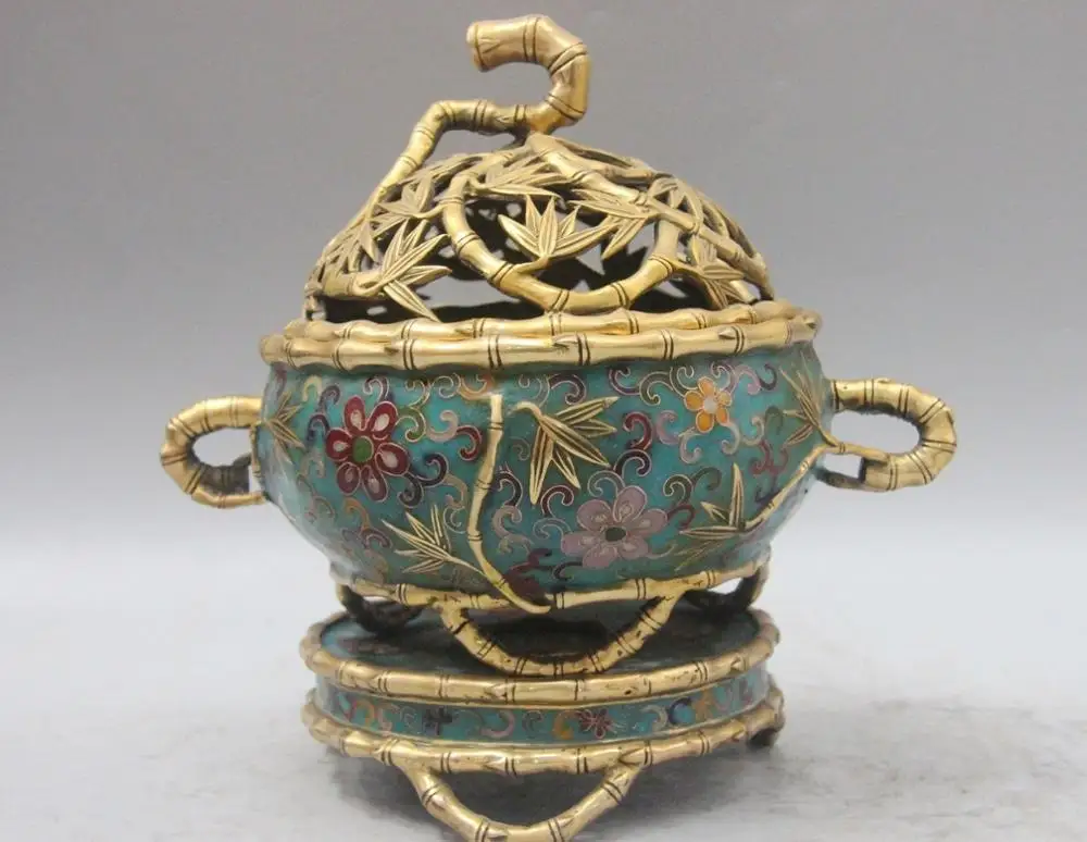 

Chinese palace Bronze Copper Cloisonne Bamboo Leaf Statue Incense Burner Censer