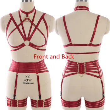 

Wine Red Full Body Harness Strap Adjust Lingerie Set Body Cage Goth Sexy Garter Belt Halloween Club Dance Rave Wear for Women's