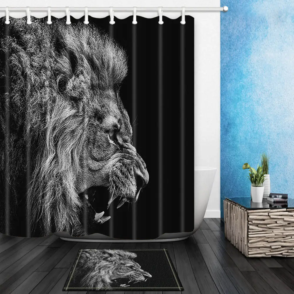 

Shower Curtains Fierce Lion Head Black Bathroom Curtains Polyester Fabric Waterproof and Mildew Proof With 12 Plastic Hooks