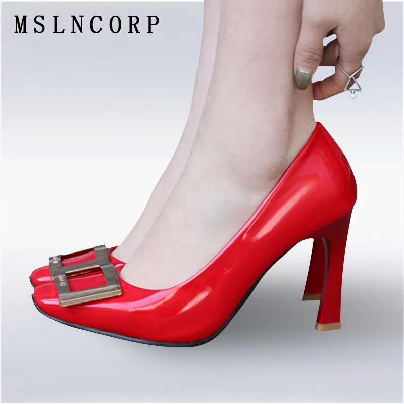 

Plus Size 34-48 New fashion Square Buckle solid high heels shoes nightclub women pumps slip on red wedding Dress party shoes